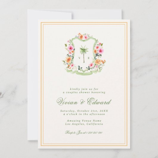 Palm Tree Monogram Tropical Beach Couples Dusche Einladung (Vorderseite)