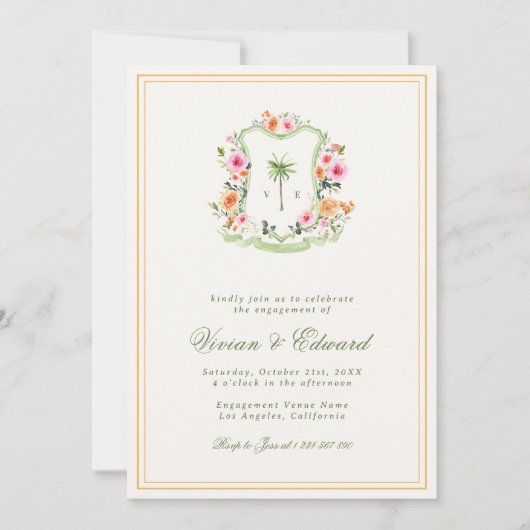 Palm Tree Monogram Tropical Beach Engagement Party Einladung (Vorderseite)