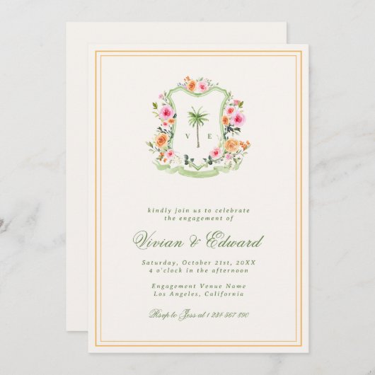 Palm Tree Monogram Tropical Beach Engagement Party Einladung (Vorne/Hinten)