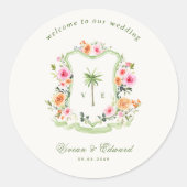 Palm Tree Monogram Tropical Beach Wedding Willkomm Runder Aufkleber (Vorderseite)