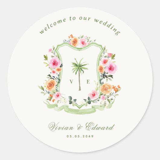 Palm Tree Monogram Tropical Beach Wedding Willkomm Runder Aufkleber (Vorderseite)