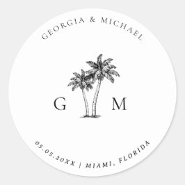 Palm Tree Monogram Tropical Destination Wedding Runder Aufkleber