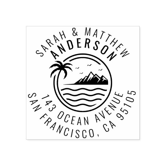 Palm Tree, Mountain & Ocean Verheiratete Sitzadres Gummistempel (Prägung)