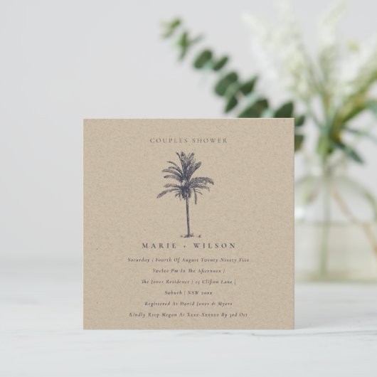 Palm Tree Navy Kraft Paare Dusche einladen Dankeskarte (Stehend Vorderseite)