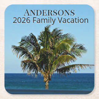 Palm Tree Ocean View | Family Name & Trip Year Rechteckiger Pappuntersetzer