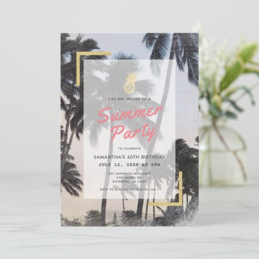 Palm Tree & Pineapa Sommergeburt Party Erwachsene Einladung (Stehend Vorderseite)