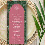 Palm Tree Pink & Green Beach Hochzeit Menükarte<br><div class="desc">Die Blätter der weißen Palme sind zeichnend Muster über grünem Hintergrund. Weiße Schrift und Palme zeichnend über rosa Bogenuntergrund in goldgelb.</div>