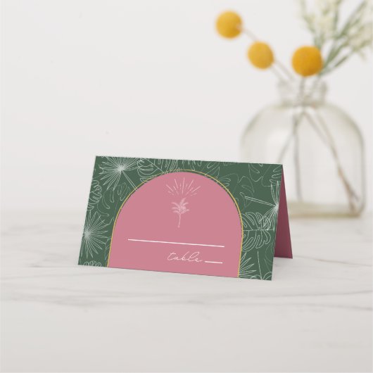 Palm Tree Pink & Green Beach Hochzeit Platzkarte (Vorderseite)