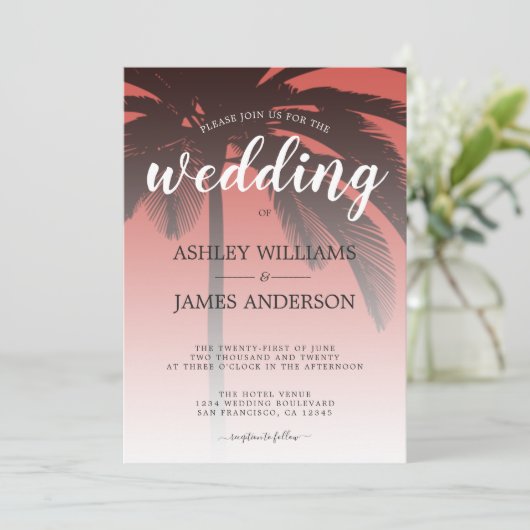 Palm Tree Red Beach Hochzeitseinladung Einladung (Stehend Vorderseite)