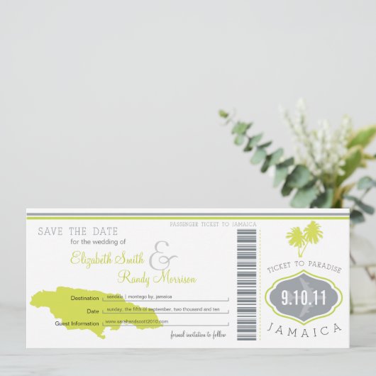 Palm Tree Save the Date Boarding Pass Jamaica (Stehend Vorderseite)