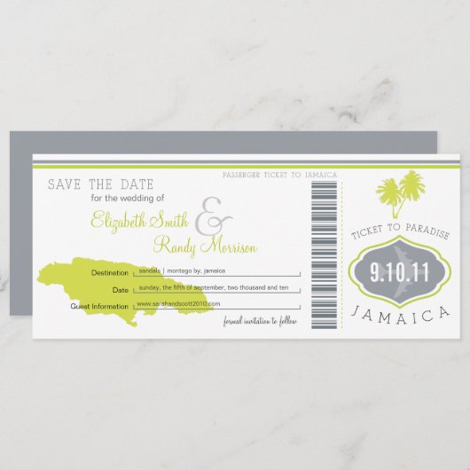 Palm Tree Save the Date Boarding Pass Jamaica (Vorne/Hinten)