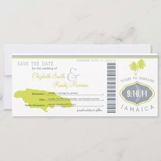 Palm Tree Save the Date Boarding Pass Jamaica (Vorderseite)