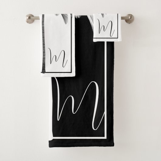 Palm Tree Schwarz-weiß Tropical Elegant Monogram Badhandtuch Set (Insitu)