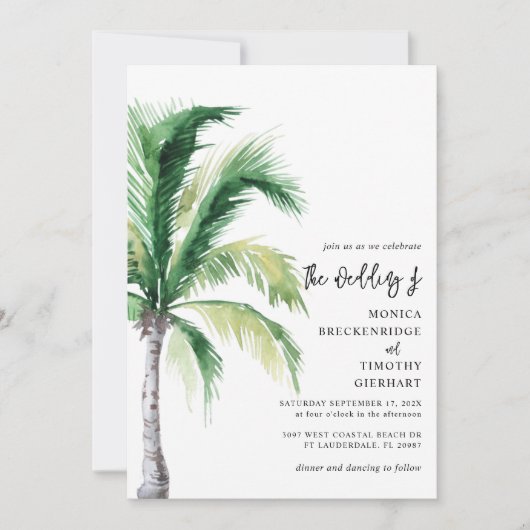 Palm-Tree-Script-Hochzeit in Urlaubsort für Wasser Einladung (Vorderseite)