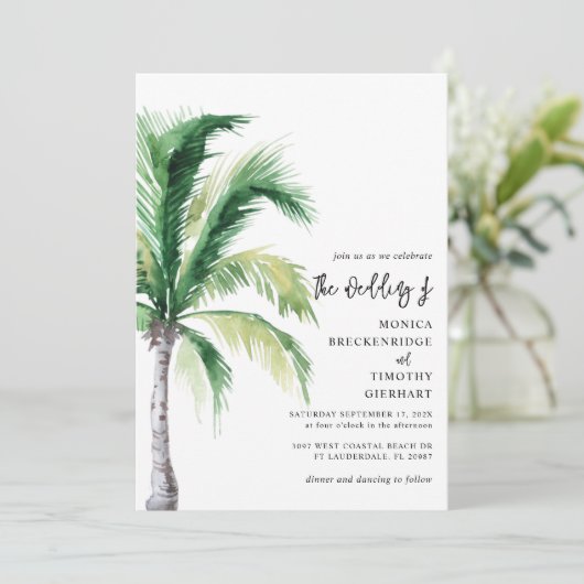 Palm-Tree-Script-Hochzeit in Urlaubsort für Wasser Einladung (Stehend Vorderseite)