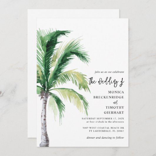 Palm-Tree-Script-Hochzeit in Urlaubsort für Wasser Einladung (Vorne/Hinten)