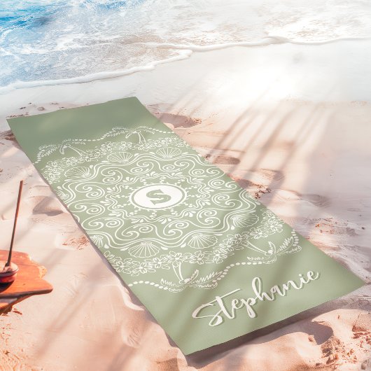 Palm Tree Seashell Mandala Monogram Sage Beach Yogamatte