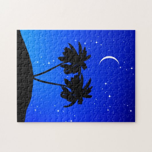 Palm Tree Silhouette, Abend Blau mit Sternen Puzzle (Horizontal)