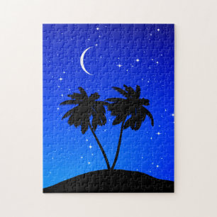 Palm Tree Silhouette, Abend Blau mit Sternen Puzzle