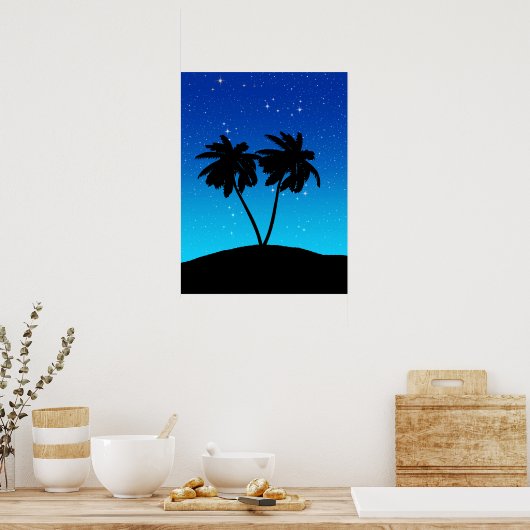 Palm Tree Silhouette auf Abend Blau mit Sternen Poster (Küche)