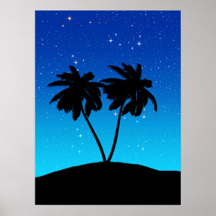 Palm Tree Silhouette auf Abend Blau mit Sternen Poster