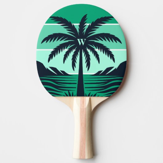 Palm Tree Silhouette Black Striped Green Monogram Tischtennis Schläger (Vorderseite)