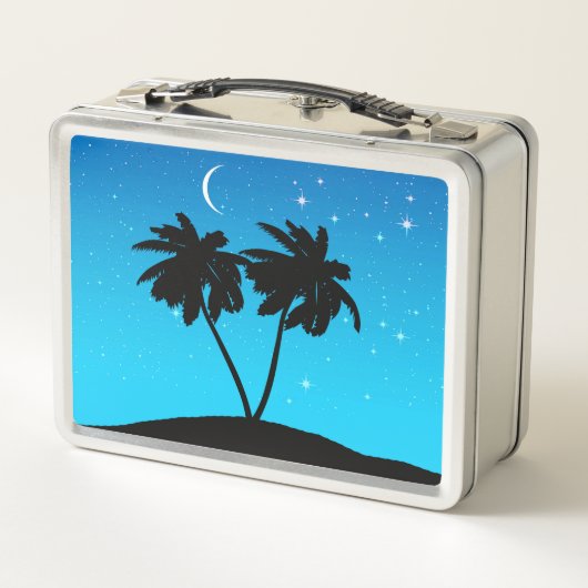 Palm Tree Silhouette gegen Abend Blue mit Sta Metall Brotdose (Rückseite)