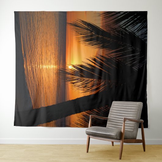 Palm Tree Silhouette Orange Tropical Sunset Backdr Wandteppich (Beispiel (Horizontal))