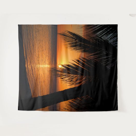 Palm Tree Silhouette Orange Tropical Sunset Backdr Wandteppich (Vorderseite (Horizontal))