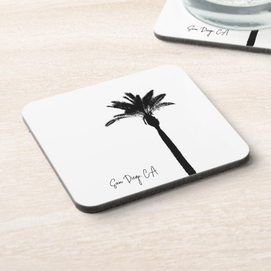 Palm Tree Silhouette San Diego CA Eigener Text Getränkeuntersetzer (Linke Seite)