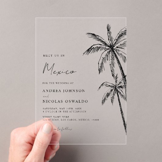 Palm Tree Sketch Travel Beach Hochzeit in Urlaubso Acryleinladungen (Insitu (Handheld))