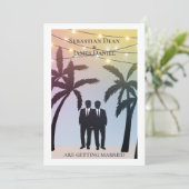 Palm Tree String Lights Two Groom Gay Wedding Einladung (Stehend Vorderseite)