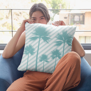 Palm Tree Stripe Aquamarin Beach House Decorative Kissen