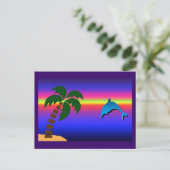 Palm Tree Sunset and Dolphin Postcard Postkarte (Stehend Vorderseite)