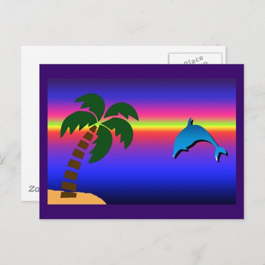 Palm Tree Sunset and Dolphin Postcard Postkarte (Vorne/Hinten)