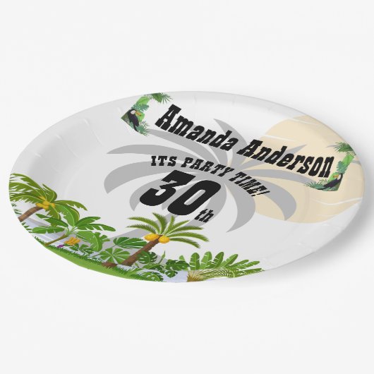 Palm Tree Sunset Paper Plate Tropical Island Pappteller (Schrägansicht)
