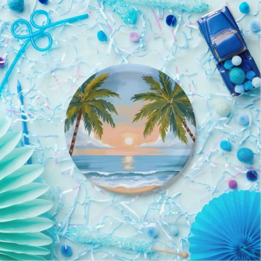 Palm Tree Sunset | Tropical Beach Hochzeit Pappteller (Party)
