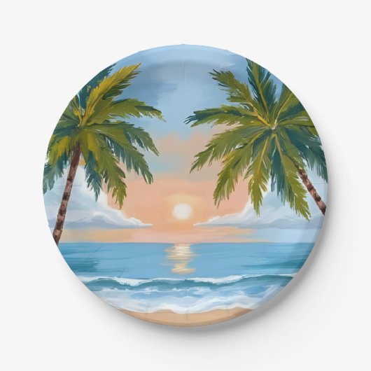 Palm Tree Sunset | Tropical Beach Hochzeit Pappteller (Vorderseite)