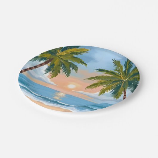 Palm Tree Sunset | Tropical Beach Hochzeit Pappteller (Schrägansicht)