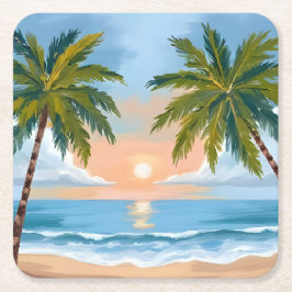Palm Tree Sunset | Tropical Beach Hochzeit Rechteckiger Pappuntersetzer