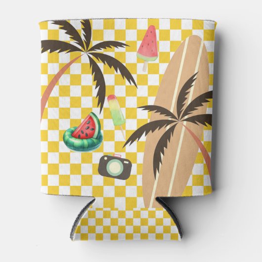 Palm Tree Surfboard Checkered Summer Dosenkühler (Vorderseite)