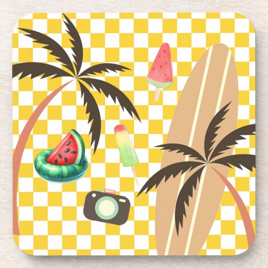 Palm Tree Surfboard Checkered Summer Getränkeuntersetzer (Vorderseite)