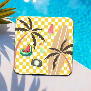 Palm Tree Surfboard Checkered Summer Getränkeuntersetzer