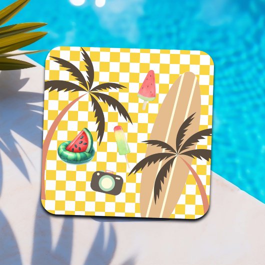 Palm Tree Surfboard Checkered Summer Getränkeuntersetzer