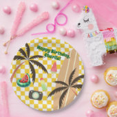 Palm Tree Surfboard Checkered Summer Party Pappteller (Party)