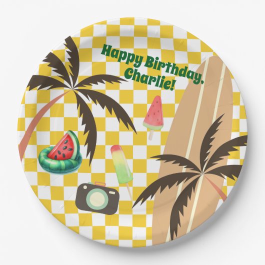 Palm Tree Surfboard Checkered Summer Party Pappteller (Vorderseite)