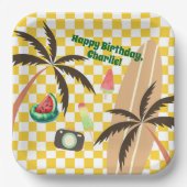 Palm Tree Surfboard Checkered Summer Party Pappteller (Vorderseite)