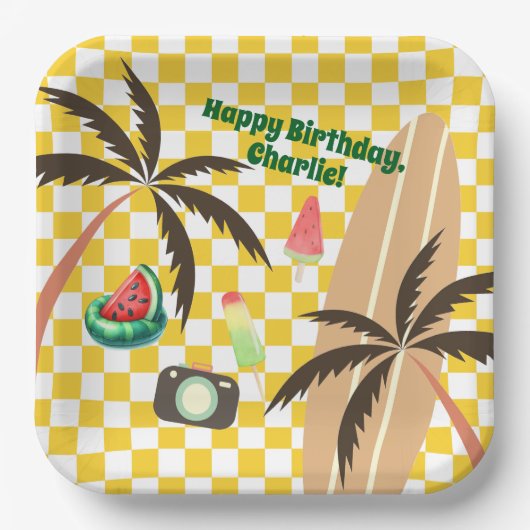 Palm Tree Surfboard Checkered Summer Party Pappteller (Vorderseite)