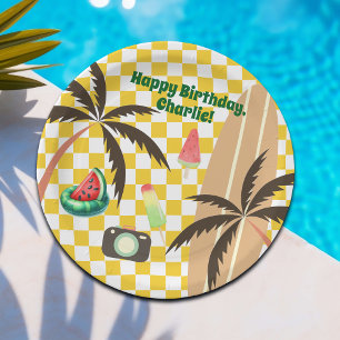 Palm Tree Surfboard Checkered Summer Party Pappteller