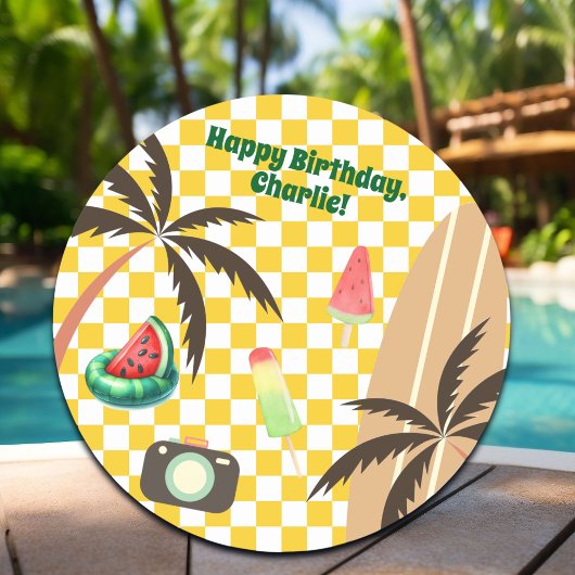 Palm Tree Surfboard Checkered Summer Party Runder Aufkleber